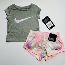 Nike Baby Dri-FIT Tie-Dye T-Shirt &amp; Shorts Set Outfit Grey Pink Sz 12M - £18.88 GBP