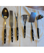 VINTAGE RETRO STAINLESS STEEL KITCHEN TOOL SET BLACK HANDLE W/DAISIES 6-PC - $62.49 CAD
