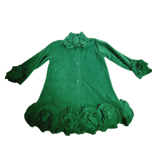 Green Fleece Girls Dress Coat Jacket Sz 7 Knee Length Floral Trim Winter Holiday - £27.76 GBP