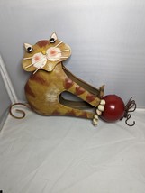 Unique Wind  Weather Upside Down Cat Metal Sculpture Red Ball Yarn Outdoor Decor - £51.54 GBP