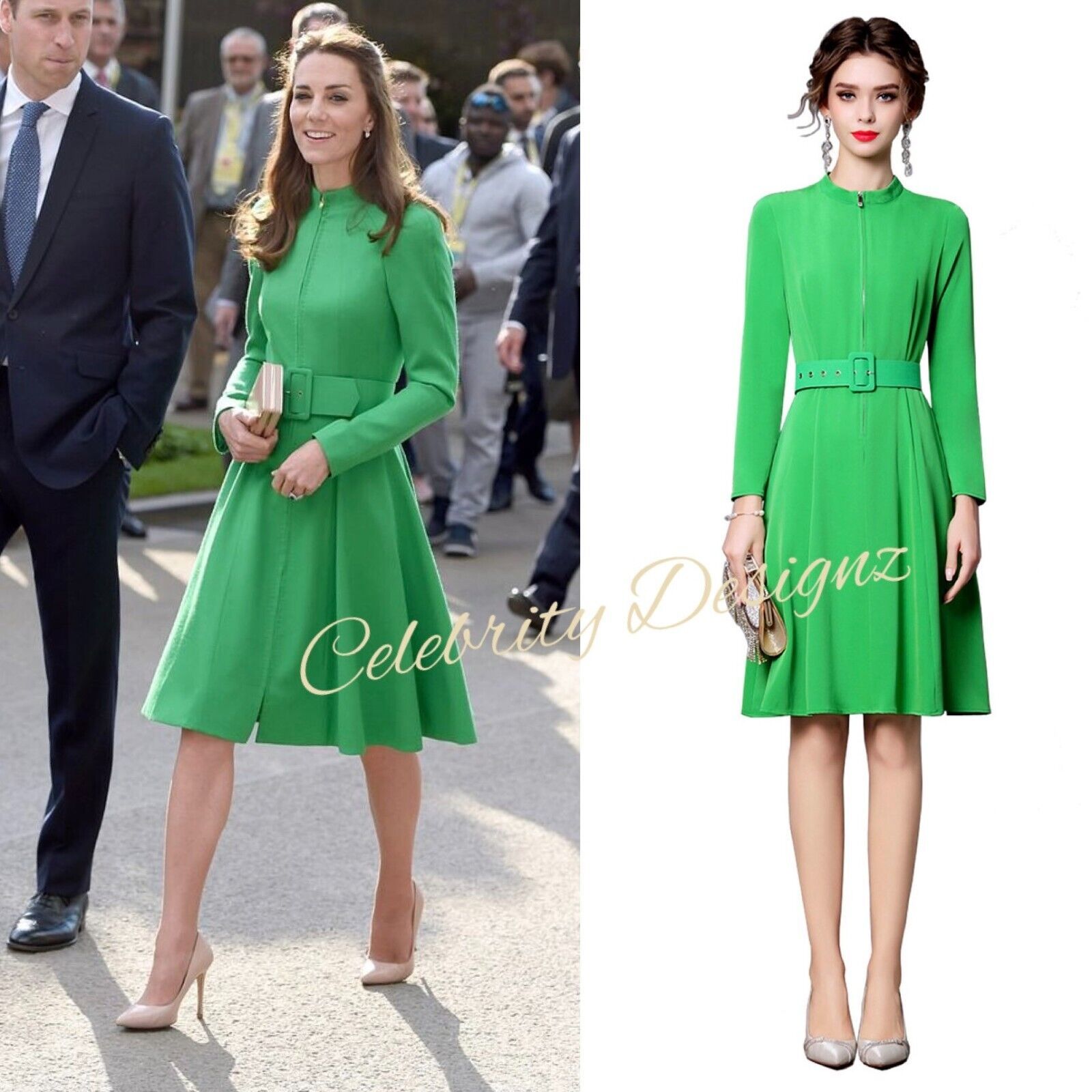 Kate Middleton Inspired Green Belted High Neck Zip Front Fit-&-Flare Coat Dress