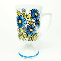 Vintage Coffee Mug Footed w/ Summer Floral Decoration Blue Daisys Flowers Cup - £15.45 GBP