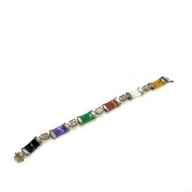 Vtg Signed Sterling HAN Multi Colored Jade Chinese Character Link Bracelet 7 1/4 - £59.49 GBP