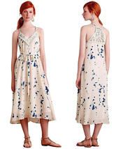 Anthropologie Splatter Midi Dress Large 10 12 Ivory + Blue Macrame Yokes Lined - £94.47 GBP