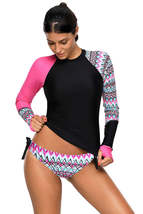 Contrast Rosy Detail Long Sleeve Tankini Swimsuit - £21.34 GBP