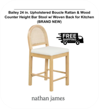 Nathan James Bailey Bar Stool W/ Woven Back 24&quot; Boucle Rattan Wood Natural - £154.21 GBP