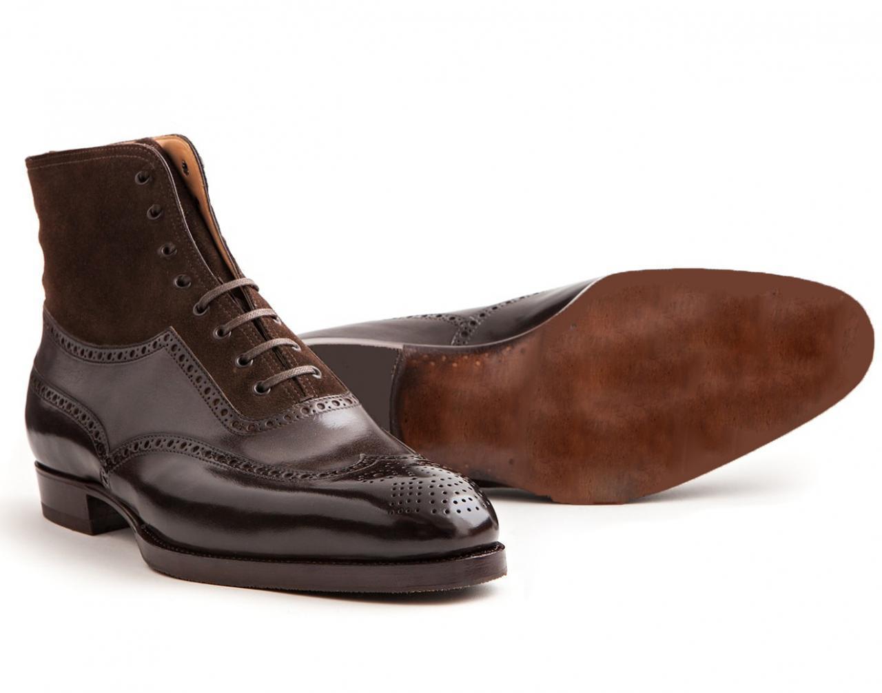 Men's New Handmade Brown Wing Tip Style Brown Leather & Suede Boots