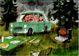 Postcard Marcel Schurman Cartoon Illustrated Family Car Picnic Rainy Day Humor - £6.25 GBP