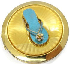 Blue Beach Thong Flip Flops Gold Tone Two Sided Pocket Makeup Mirror Vin... - $19.78