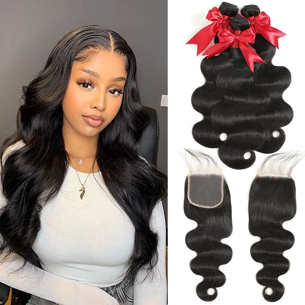 10A Body Wave Bundles with Closure Human Hair 100% Brazilian Virgin Body Wave - £17.46 GBP+