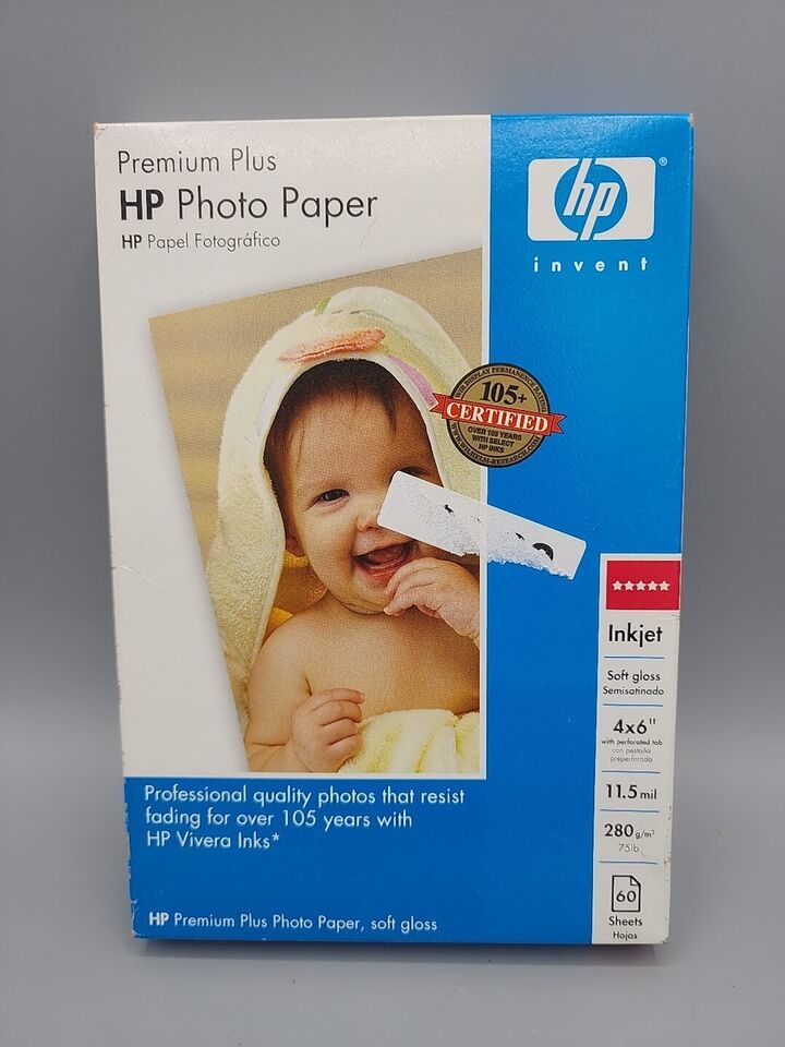 Genuine HP Premium Plus Photo Paper 4X6  Inkjet 60 Sheet Soft Gloss Unopened - $6.98