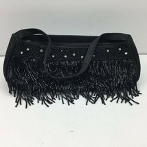 Vintage Black Beaded Fringe Handbag Prom Evening Bag - £31.49 GBP