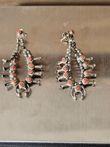 Vintage Navajo Naja Squash Blossom Coral Earrings 925 Sterling Silver 9.48g - $79.15