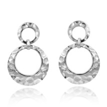 Glamour Hammered Double Circles Sterling Silver Post Drop Earrings - £17.20 GBP