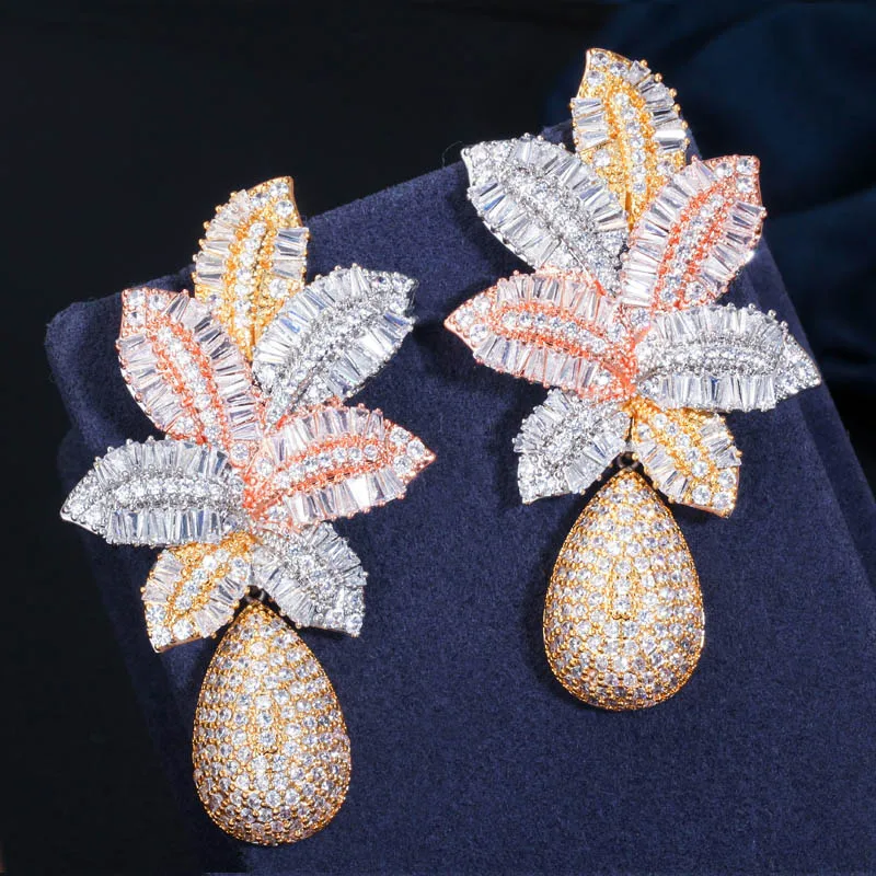 3 Tone Gold Color Luxury Large Leaf Drop Flower Micro Cubic Zirconia Pave Naija  - £29.36 GBP