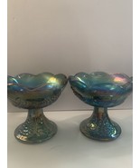 Pair Blue Carnival Glass Candle Holders Indiana Glass Co Harvest Grape V... - $10.00