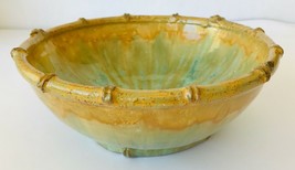 Bowl Studio Art Pottery Stoneware Green &amp; Gold Glaze w/ &quot;Bamboo&quot; Rim 9.5... - £22.83 GBP