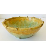 Bowl Studio Art Pottery Stoneware Green &amp; Gold Glaze w/ &quot;Bamboo&quot; Rim 9.5... - £22.70 GBP