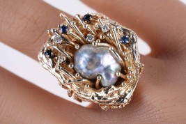 sz6.5 Estate  14k gold Diamond and Sapphire and pearl ring - £1,067.46 GBP