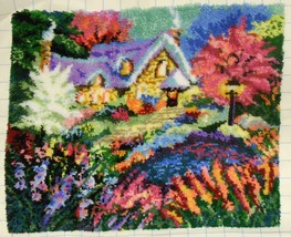 COTTAGE GARDEN &amp; POND Huge LATCH HOOK RUG Completed Wall Art Vibrant 32X39&quot; - £235.89 GBP