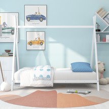 House Bed Tent Bed Frame Twin Size Metal Floor Play House Bed - White - $222.42