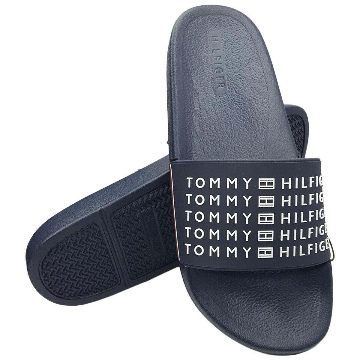 Primary image for NWT TOMMY HILFIGER MSRP $54.99 MEN'S NAVY BLUE SLIP ON SLIDES SANDALS SIZE 10