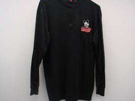 Walt Disney Mickey Mouse Logo Long Sleeve Polo Shirt Black Medium Vintage Henley - £8.53 GBP