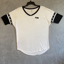 VICTORIA’S Secret PINK White Short Sleeve Shirt Black logo Small Striped... - $12.87