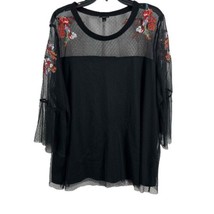 Torrid Sheer Black Floral Embroidered Mesh Blouse Bell Sleeves Womens 3X - $25.04