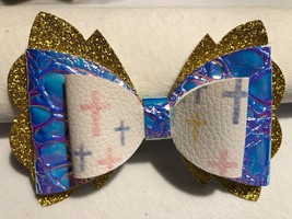 Easter 3 Layer Flower Hair Bow, Gold, Holographic Blue, White, 4X2.5&quot; Homemade - £6.61 GBP