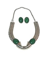 Vintage Statement Necklace &amp; Clip Earring Set Green Stone Chunky Silver-... - $2,306.61 MXN