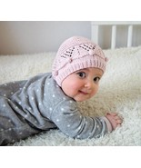 Baby girl light pink bonnet Cotton hand knitted hat Baptism girl&#39;s lace ... - $41.62 CAD+