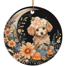 Funny Poodle Puppy Dog Moon &amp; Flower Christmas Ornament Ceramic Gift Decor - £11.83 GBP