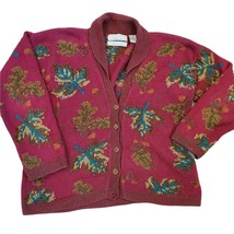 Vintage Northern Isles Fall Leaf Acorn Cardigan Handknit Dark Red Sz Large Ramie - £37.18 GBP