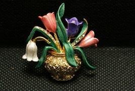 Vintage Enamel Tulips in Gold Antique Vase Brooch Pin, Flower Pin Vase Brooch - £15.96 GBP