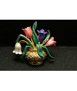 Vintage Enamel Tulips in Gold Antique Vase Brooch Pin, Flower Pin Vase B... - £15.63 GBP