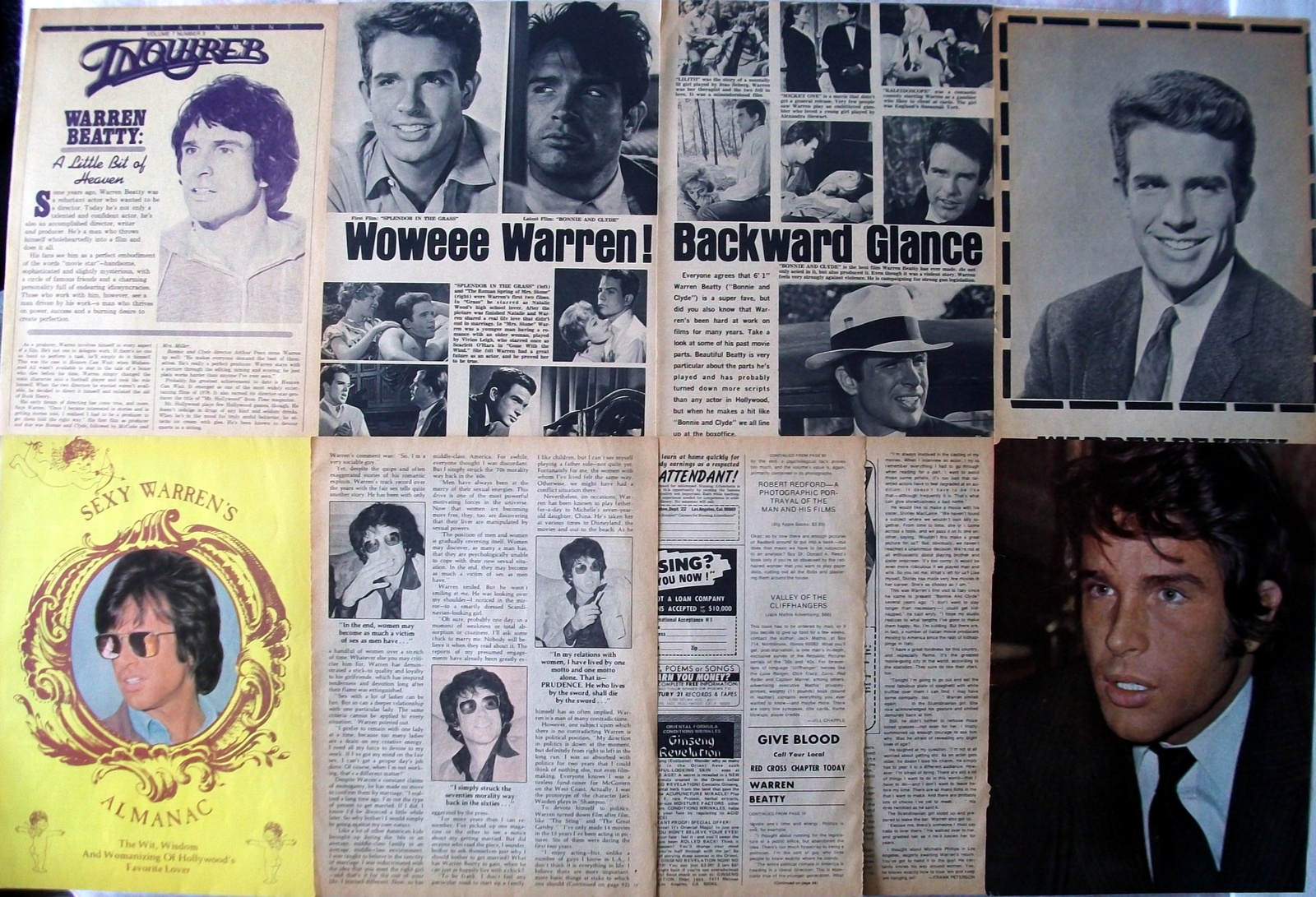 WARREN BEATTY ~ Seventeen (17) Color, B&amp;W Vintage ARTICLES, Pin-Ups fm 1... - $7.52