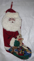 Vtg Needlepoint Santa Holding Plush Teddy Bear Christmas Stocking 3-D Stuffed - £47.47 GBP