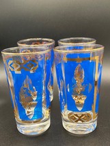 Dominion of Canada 4x  highball  tumblers blue &amp; gold floral  VTG &#39;60s M... - £22.24 GBP