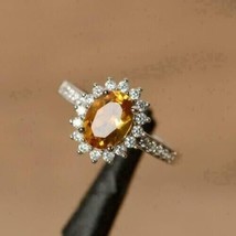 14K White Gold Plated Silver 4Ct Yellow Citrine Solitaire Halo Engagement Ring - £76.37 GBP