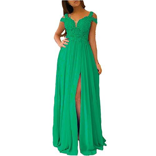 Illusion Top Front Slit Off The Shoulder Sexy Long Formal Prom Dress Green US 8