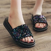 Bling Summer Women Slippers Shine Sequins Beach Slides Ladies Flat Shoes Fashion - £21.20 GBP