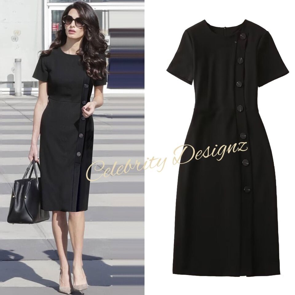 Celeb Style Amal Clooney Inspired Short Sleeve Button Little Black Midi Dress