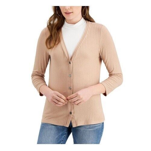 Fever Womens XS Natural Tan Ribbed Button Down Thin Long Sleeve Top NWT K19 - $7.84