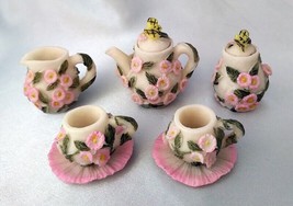 Vintage Popular Imports Miniature Tea Set w/ Pink Flowers, Butterflies - $14.60