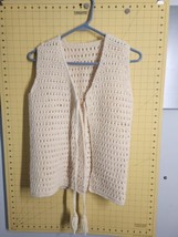 Vintage Cream Color 70s Crochet Open Knit Sweater Vest Tie Front Boho Granny - £31.91 GBP