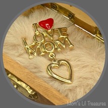 Vintage Brooch Gold Tone I Love Mom Pin Dangle Heart Signed SFJ - £7.07 GBP