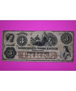 1862 Omerset &amp; Worcester Savings Bank Three 3 Dollars Guaranteed Authent... - $149.99