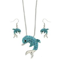 Aqua Rhinestone Dolphin Silvertone Necklace and Earrings, 18+3&quot; (Aqua) - $11.75