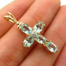 4Ct Oval Cut Simulated Aquamarine Cross Pendant 14K Yellow Gold Plated 18&quot; Chain - £46.03 GBP